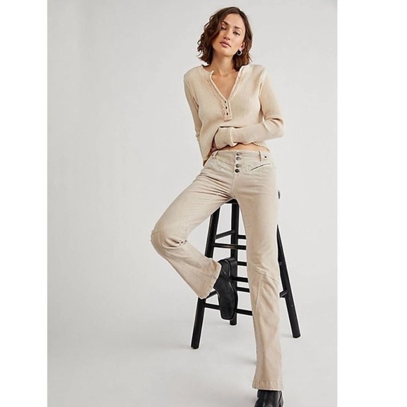 Free People Hit Back Slim Flare Pants Size 0 Button Fly Stretch Cords Velvet - Picture 2 of 15